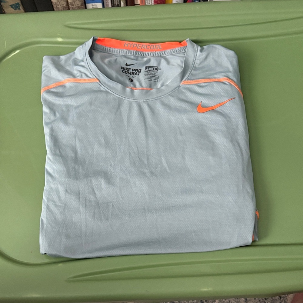 Nike Pro Combat Fitted Light Gray Short Sleeve Hypercool Tee with Orange Accents